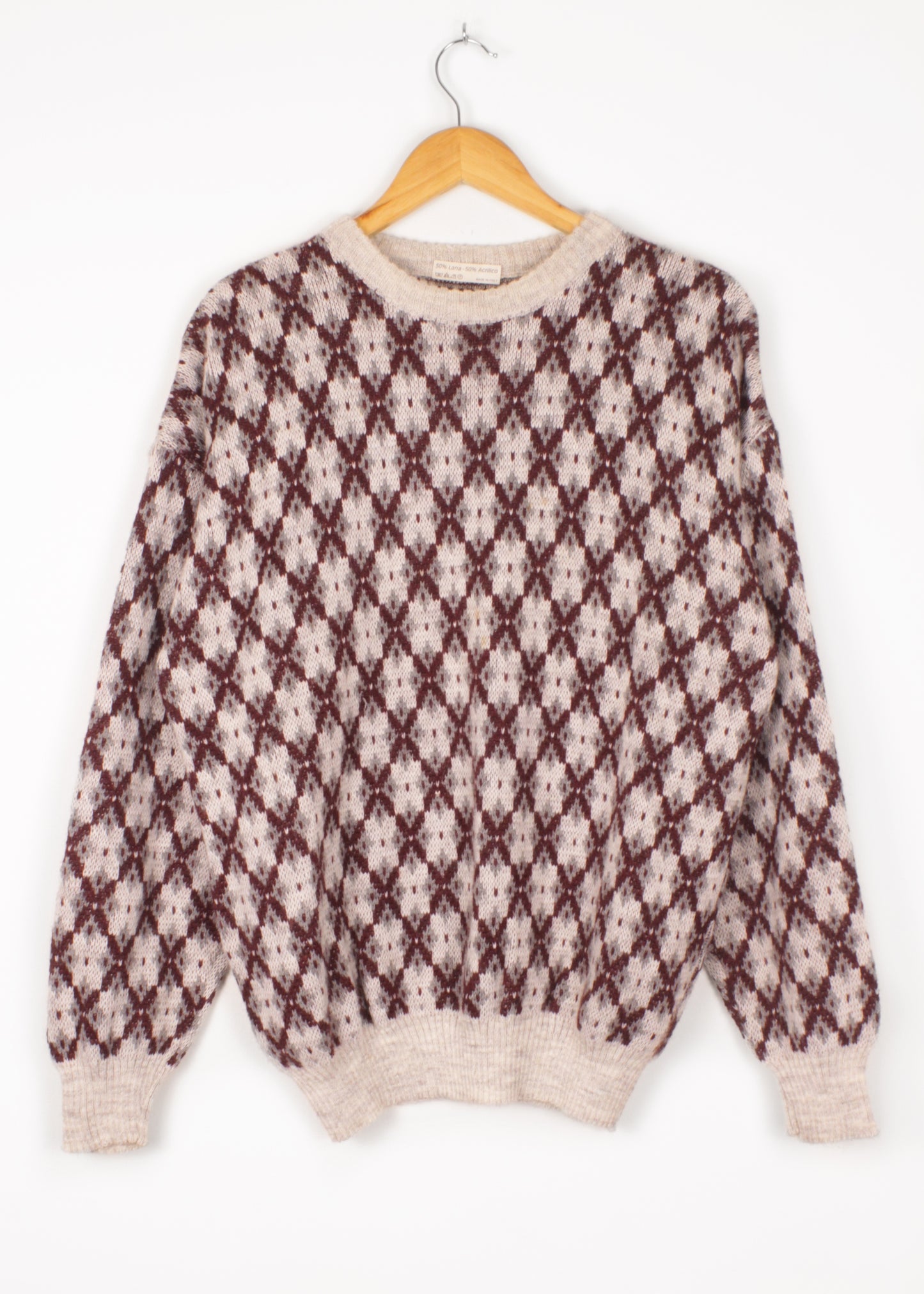 Vintage woolen sweater in cloud grey and burgundy
