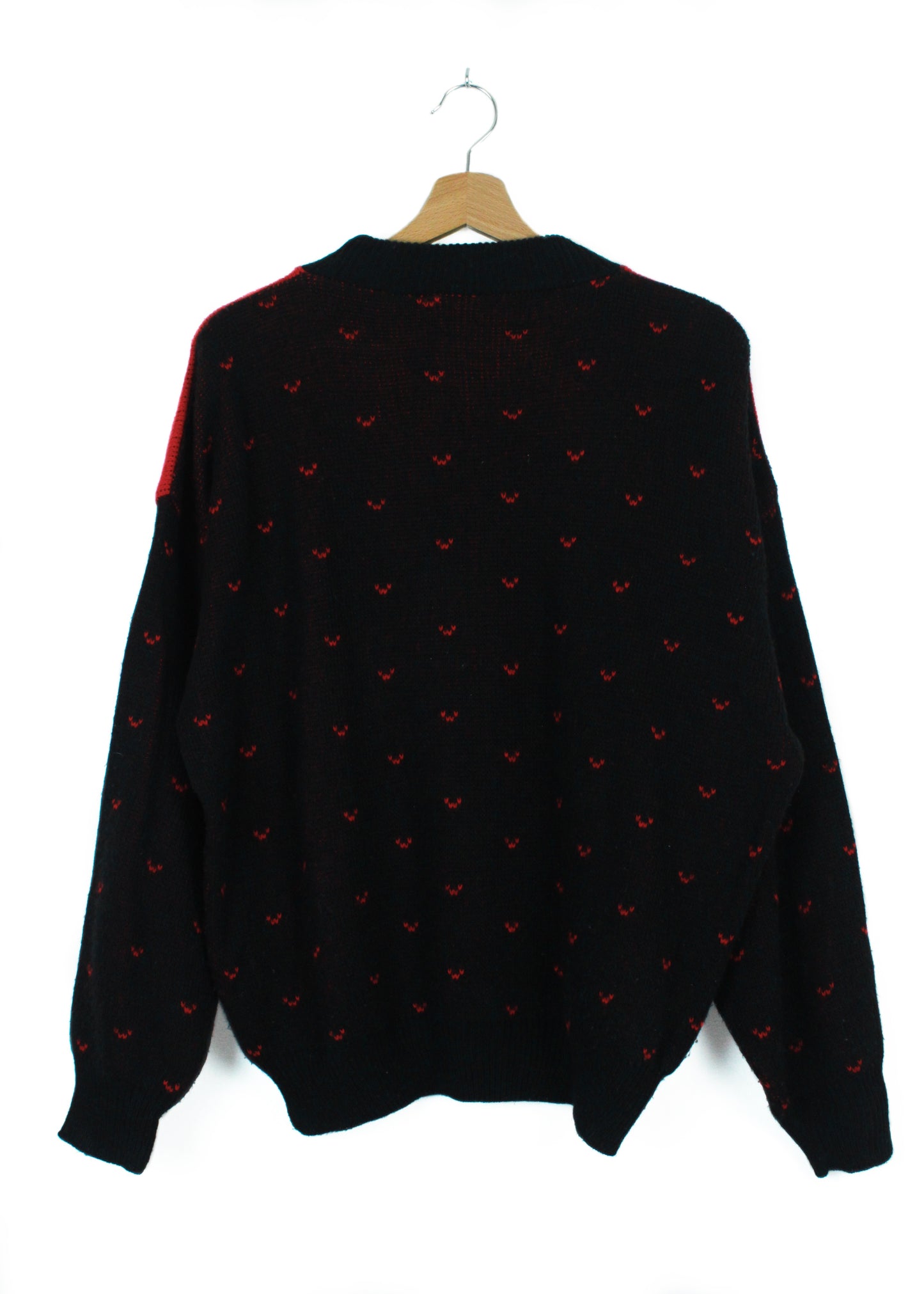 Vintage woolen knit sweater in black and red with rabbit print