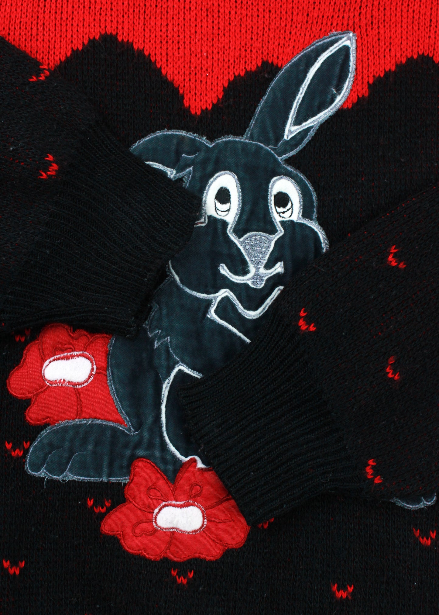 Vintage woolen knit sweater in black and red with rabbit print