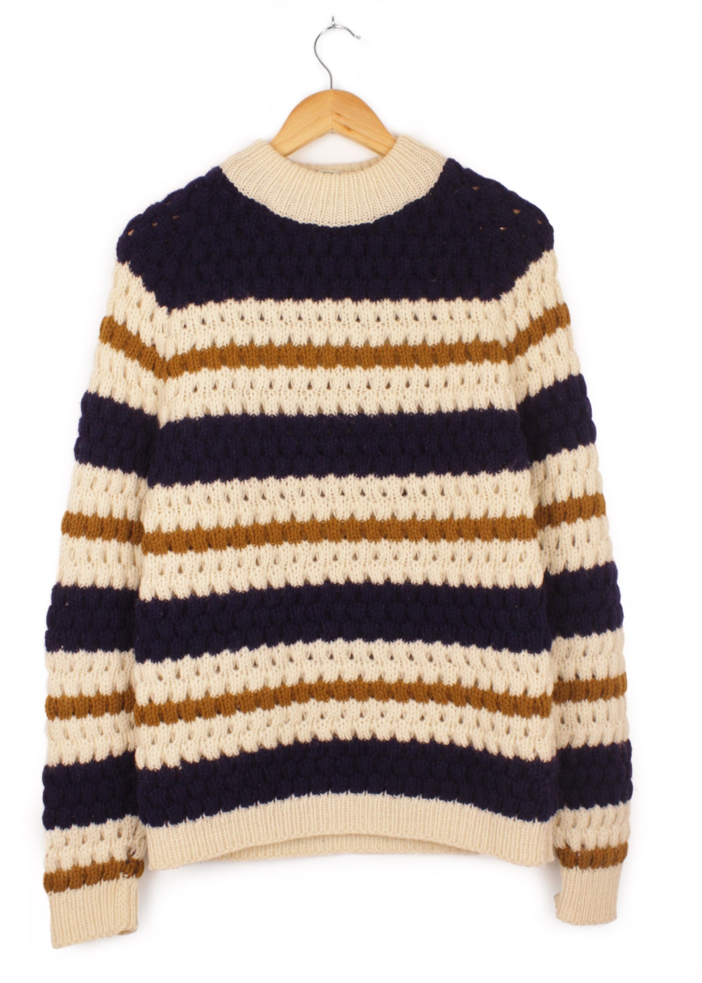 Woolen striped sweater in cream, navy and brown