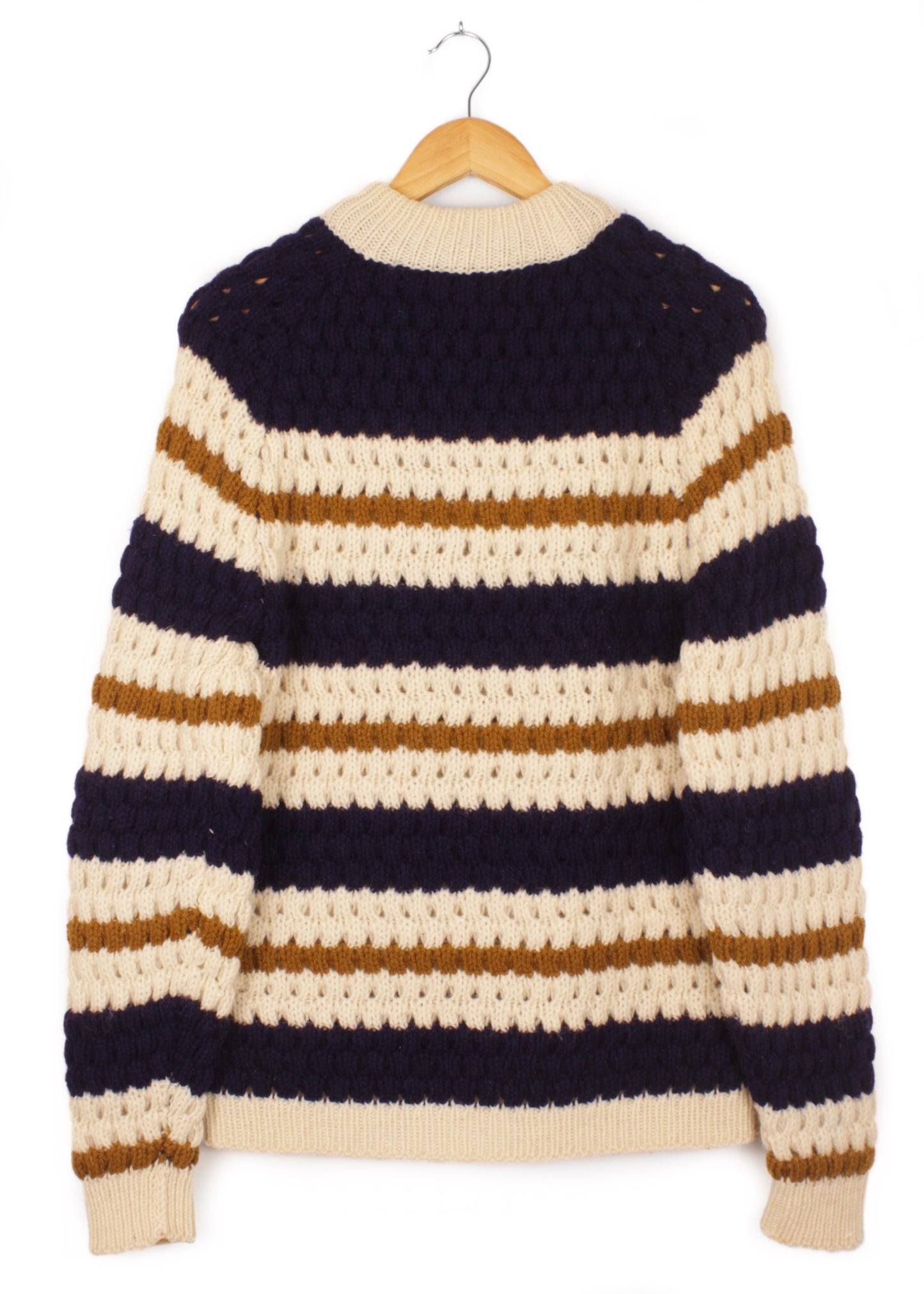 Woolen striped sweater in cream, navy and brown