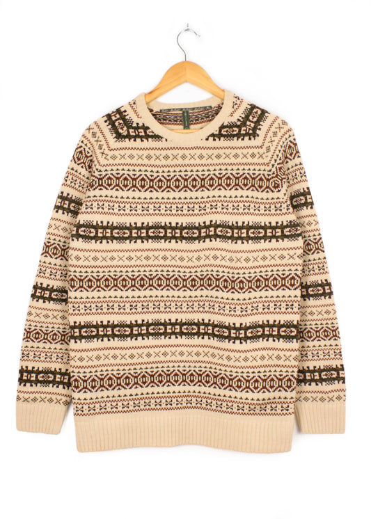 Printed sweater in cream, green, burgundy and navy