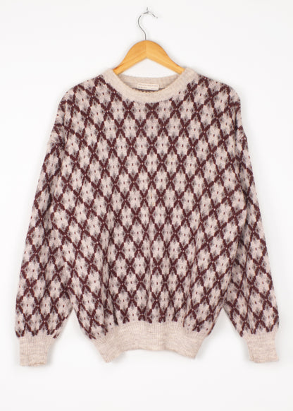 Vintage woolen sweater in cloud grey and burgundy