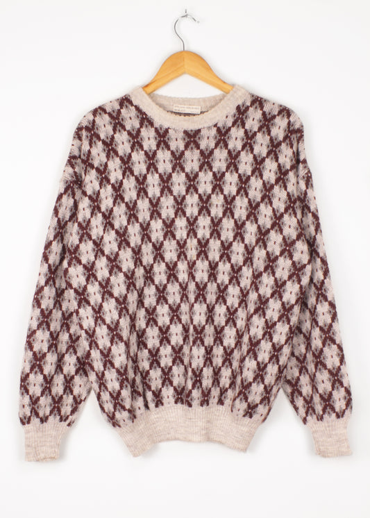 Vintage woolen sweater in cloud grey and burgundy