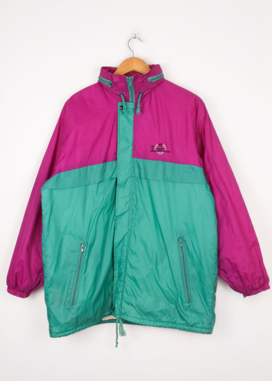 Windbreaker in green and magenta