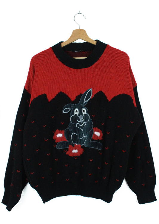 Vintage woolen knit sweater in black and red with rabbit print