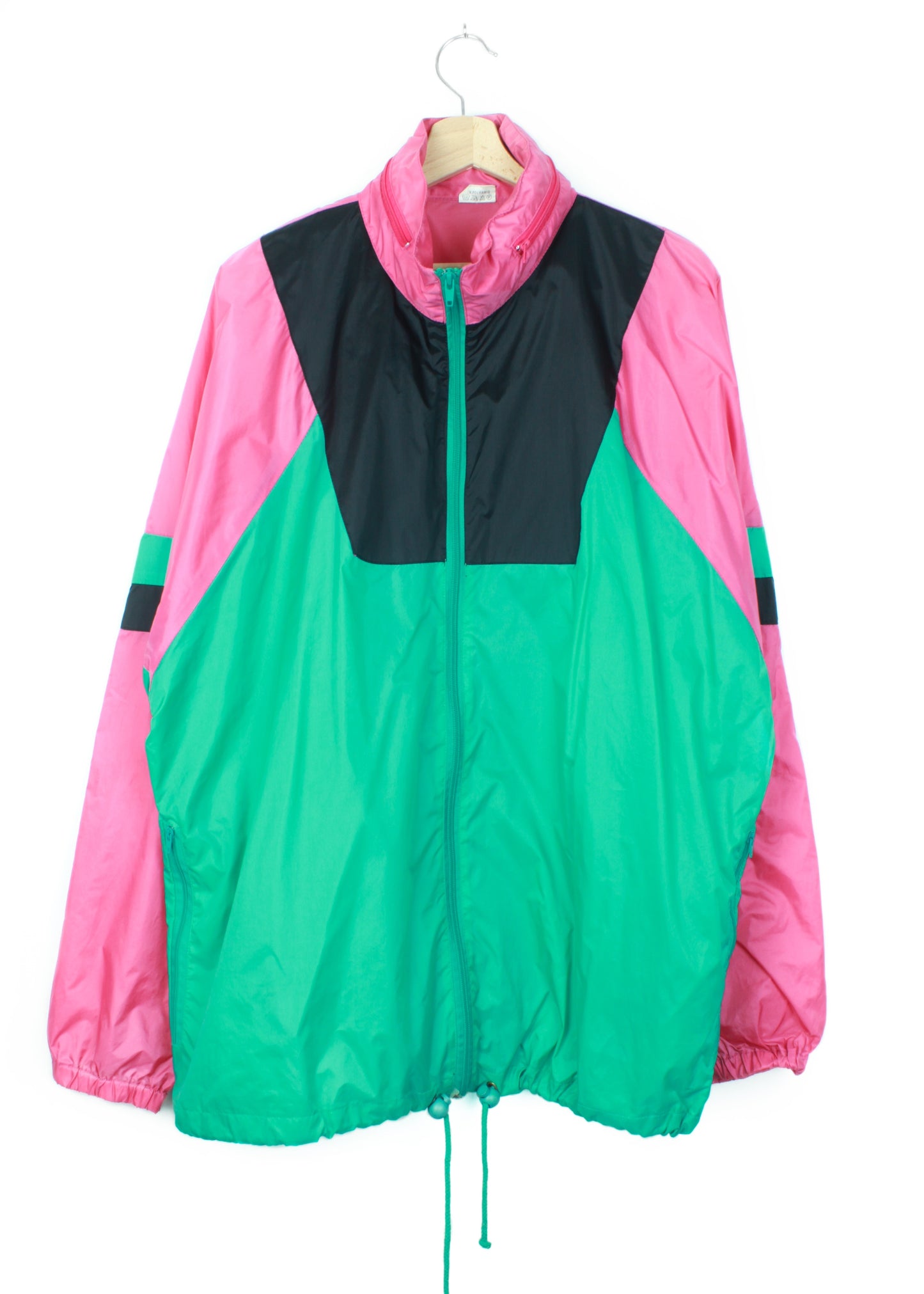 Vintage windbreaker/raincoat in green and pink (with hood)