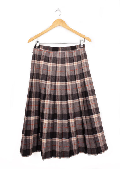 Woolen pleated checked midi skirt