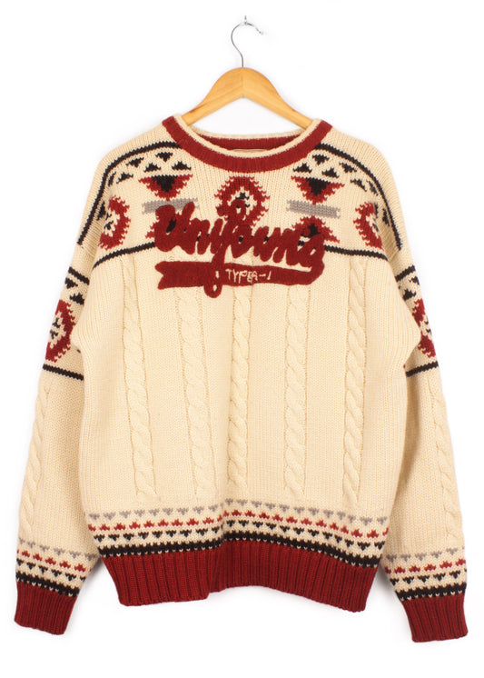 Vintage woolen sweater in cream and burgundy