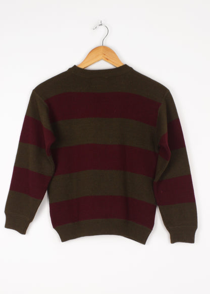 Woolen striped sweater in khaki and burgundy