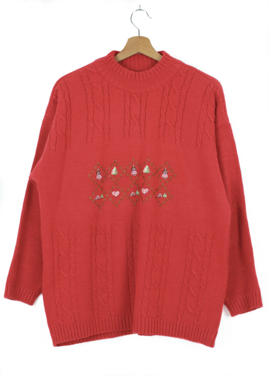 Vintage Woolen Knit Sweater in Red with embroideries